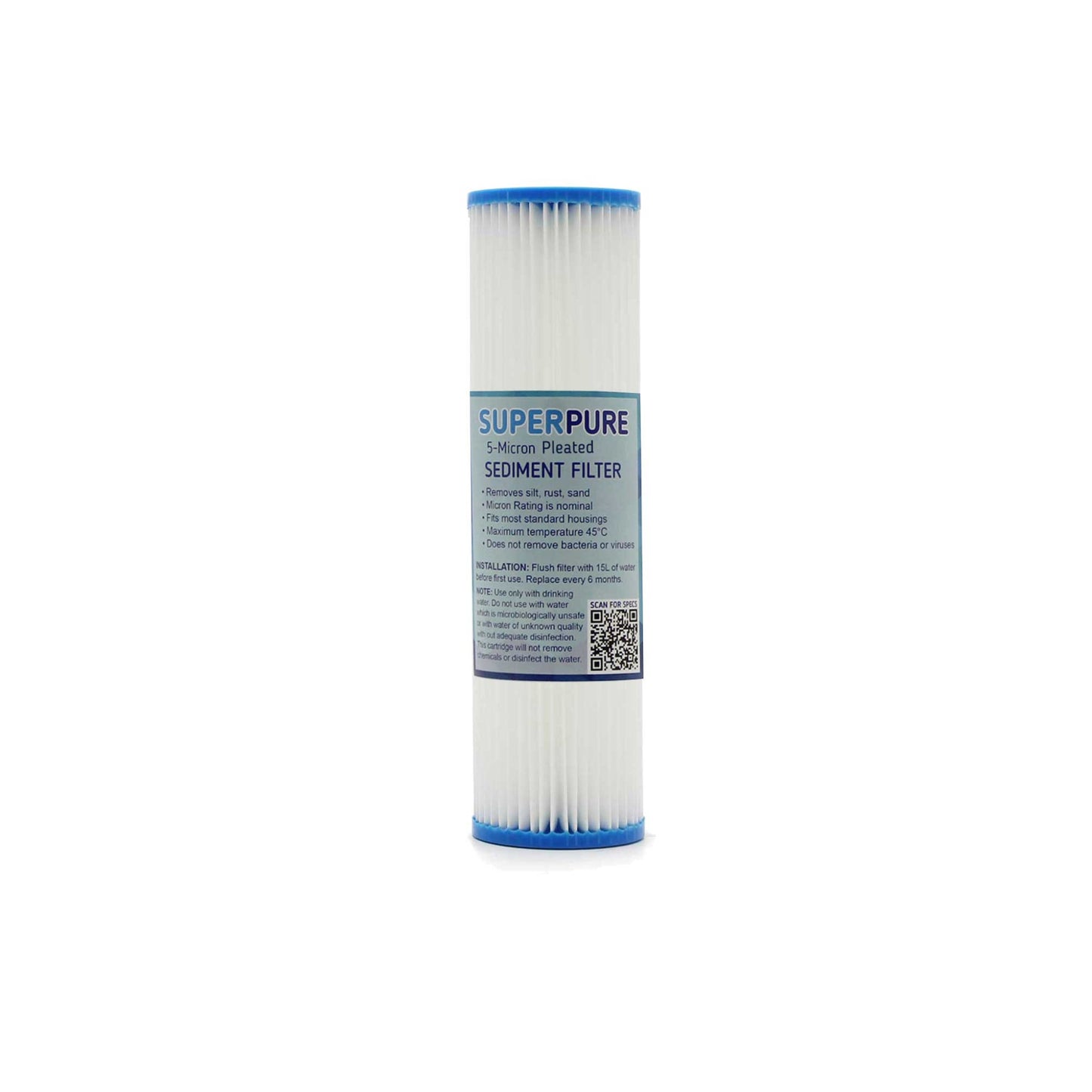 SUPERPURE 10 inch Pleated Sediment Water Filter Replacement Cartridge - 5 Micron