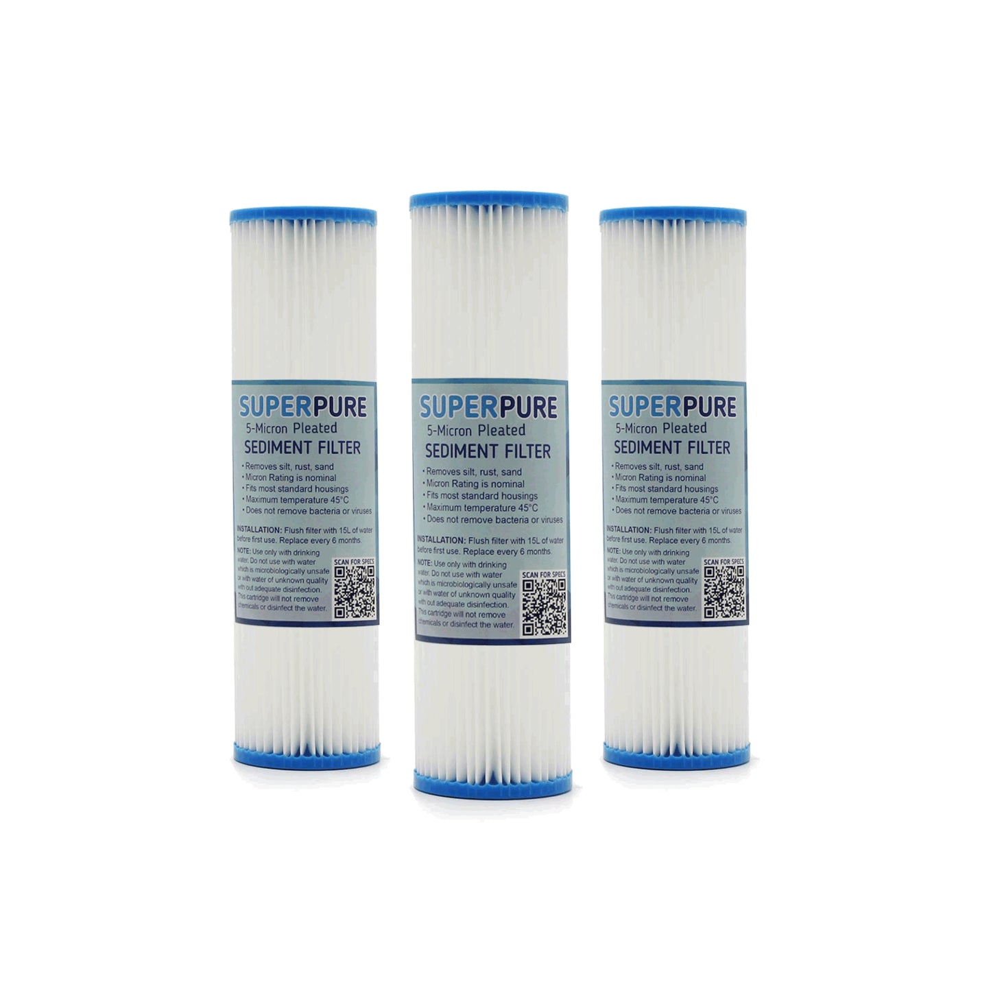 SUPERPURE 10 inch Pleated Sediment Water Filter Replacement Cartridge - 5 Micron (3 Pack)