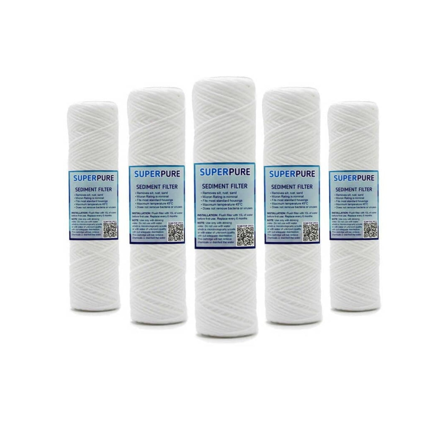 SUPERPURE 10 inch String Wound Sediment Water Filter Replacement Filter - 5 Micron (5 Pack)