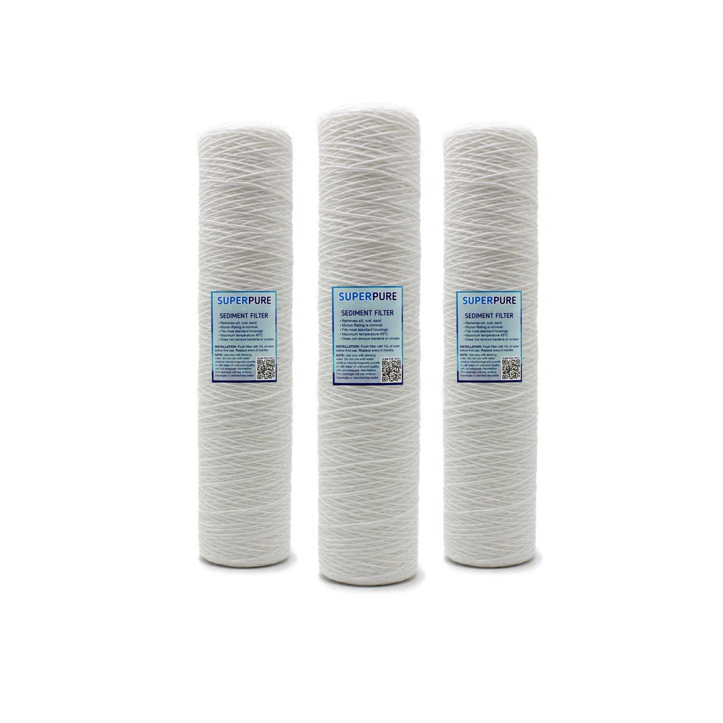 SUPERPURE 20 inch Big Blue String Wound Sediment Filter - 5 Micron (3 Pack)