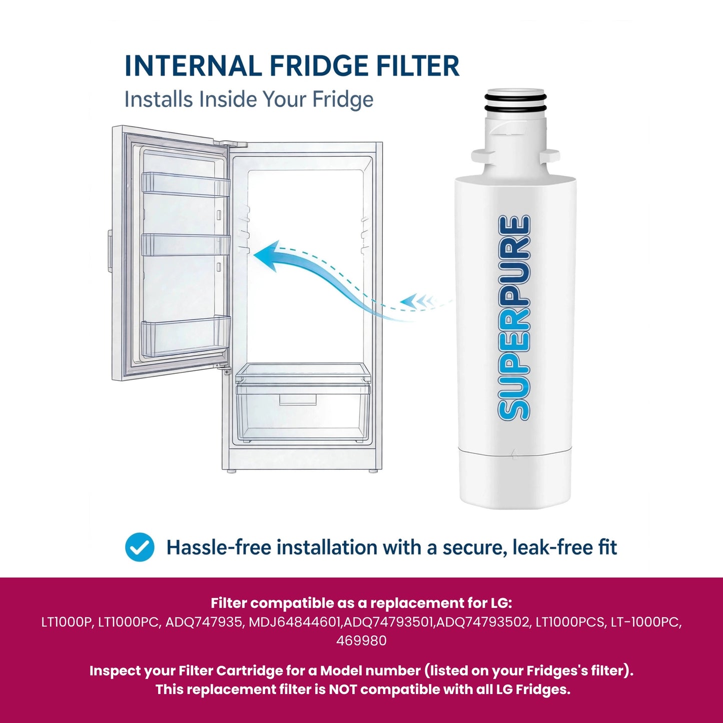 SUPERPURE Internal Fridge Filter Compatible With LG - LT1000P