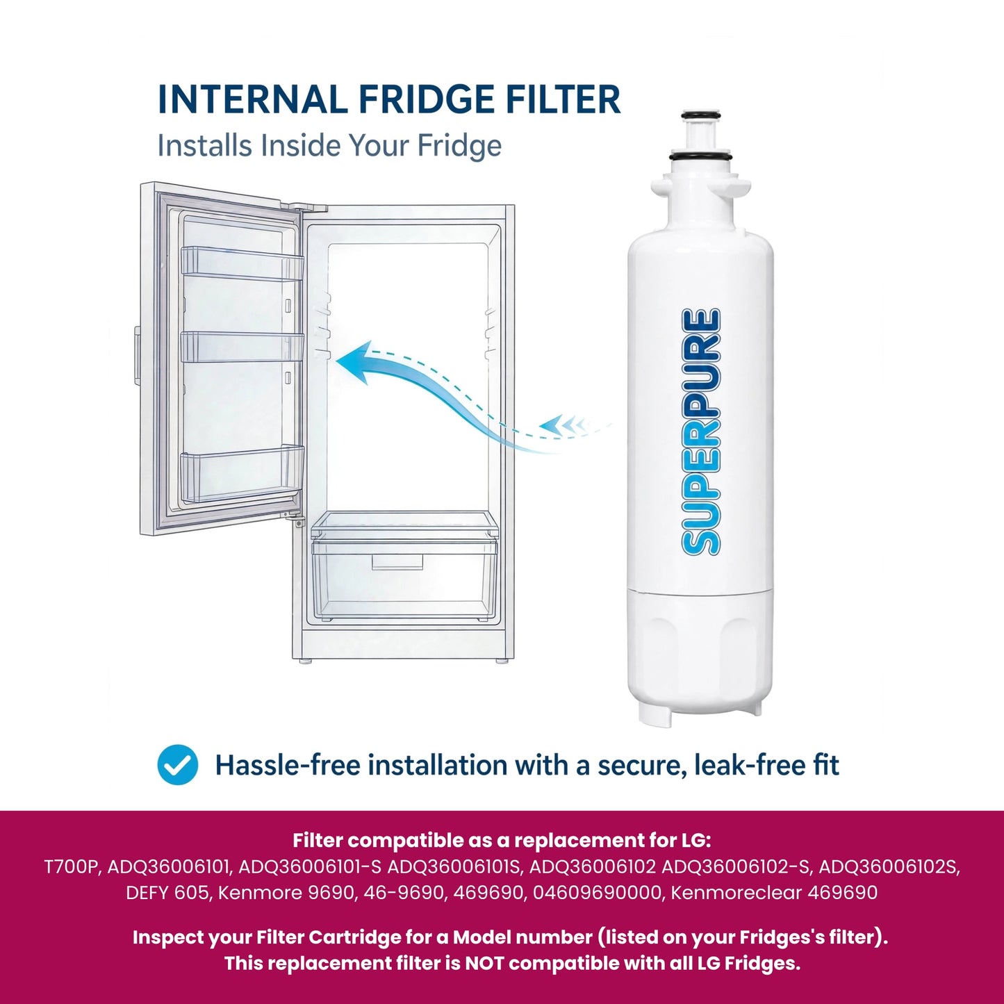 SUPERPURE Internal Fridge Filter Compatible With LG - LT700P