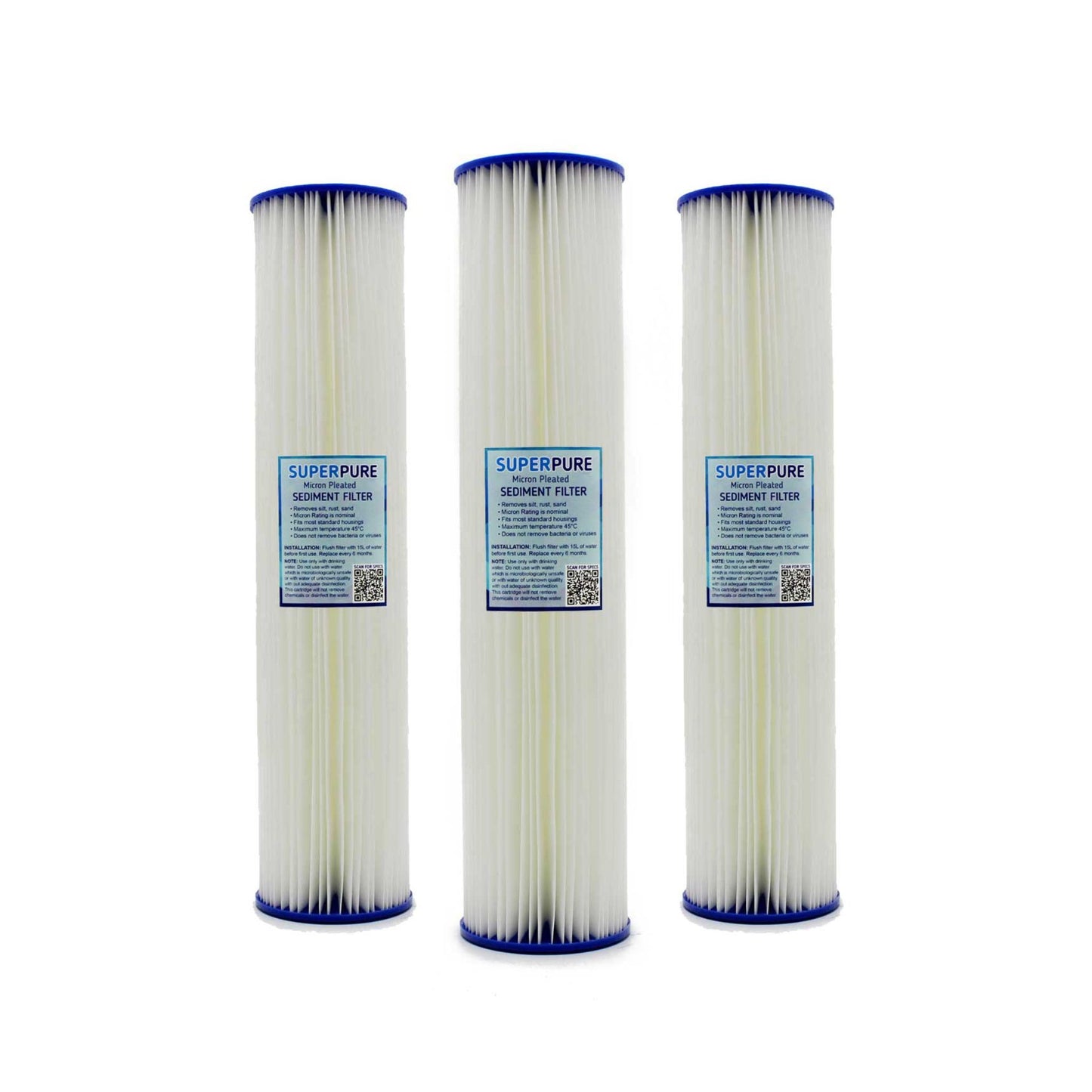 SUPERPURE 20 inch Big Blue Pleated Filter - 5 Micron (3 Pack)