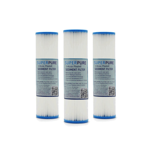 SUPERPURE 10 inch Pleated Sediment Water Filter Replacement Cartridge - 5 Micron (3 Pack)