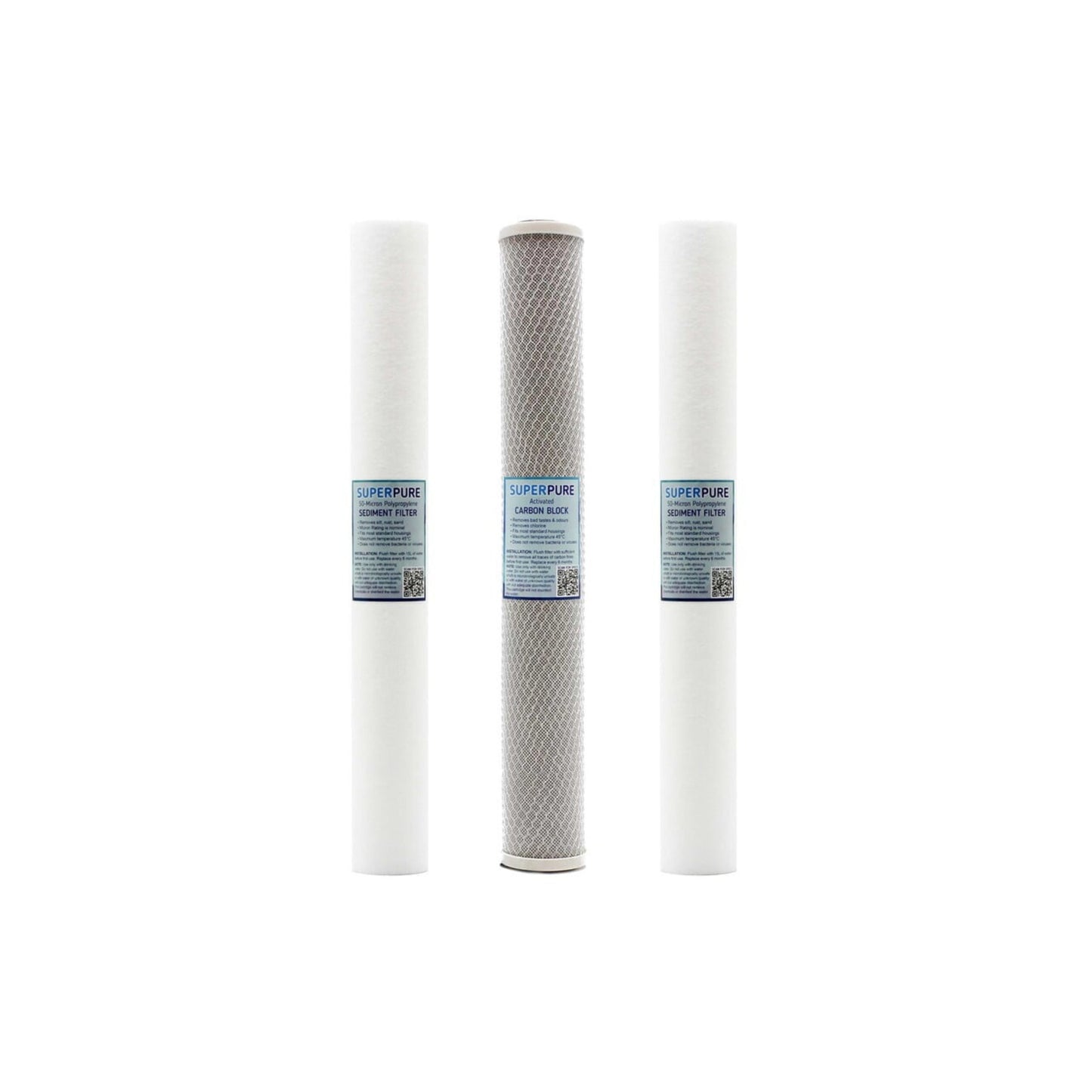SUPERPURE 20 inch Water Filter Cartridge Replacement Set - Sediment, Carbon, Sediment