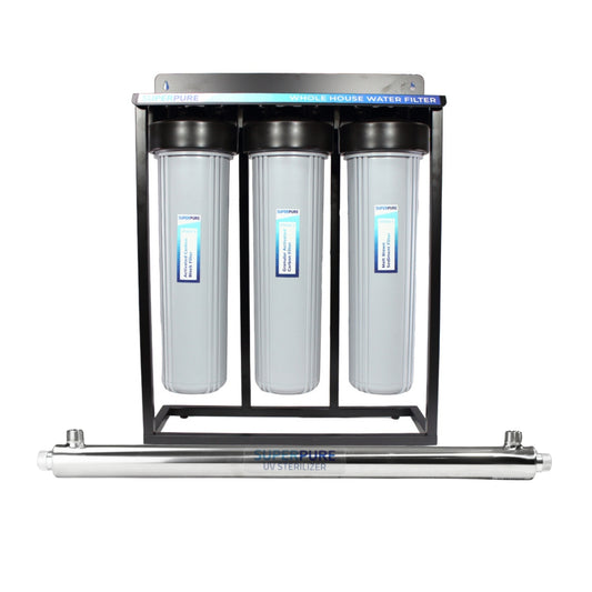 SUPERPURE 3-Stage Big Blue Whole House Water Filter System Grey with 4 Pin UV Steriliser 55W 45L/Min with 1 inch Ports