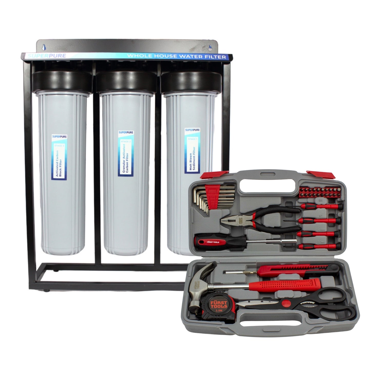SUPERPURE 3-Stage Big Blue Whole House Water Filter System Grey with Furst 39 Piece Tool Set