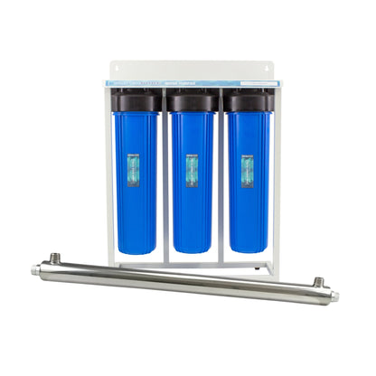SUPERPURE 3-Stage Big Blue Whole House Water Filter System with 4 Pin UV Steriliser 55W 45L/Min with 1 inch Ports