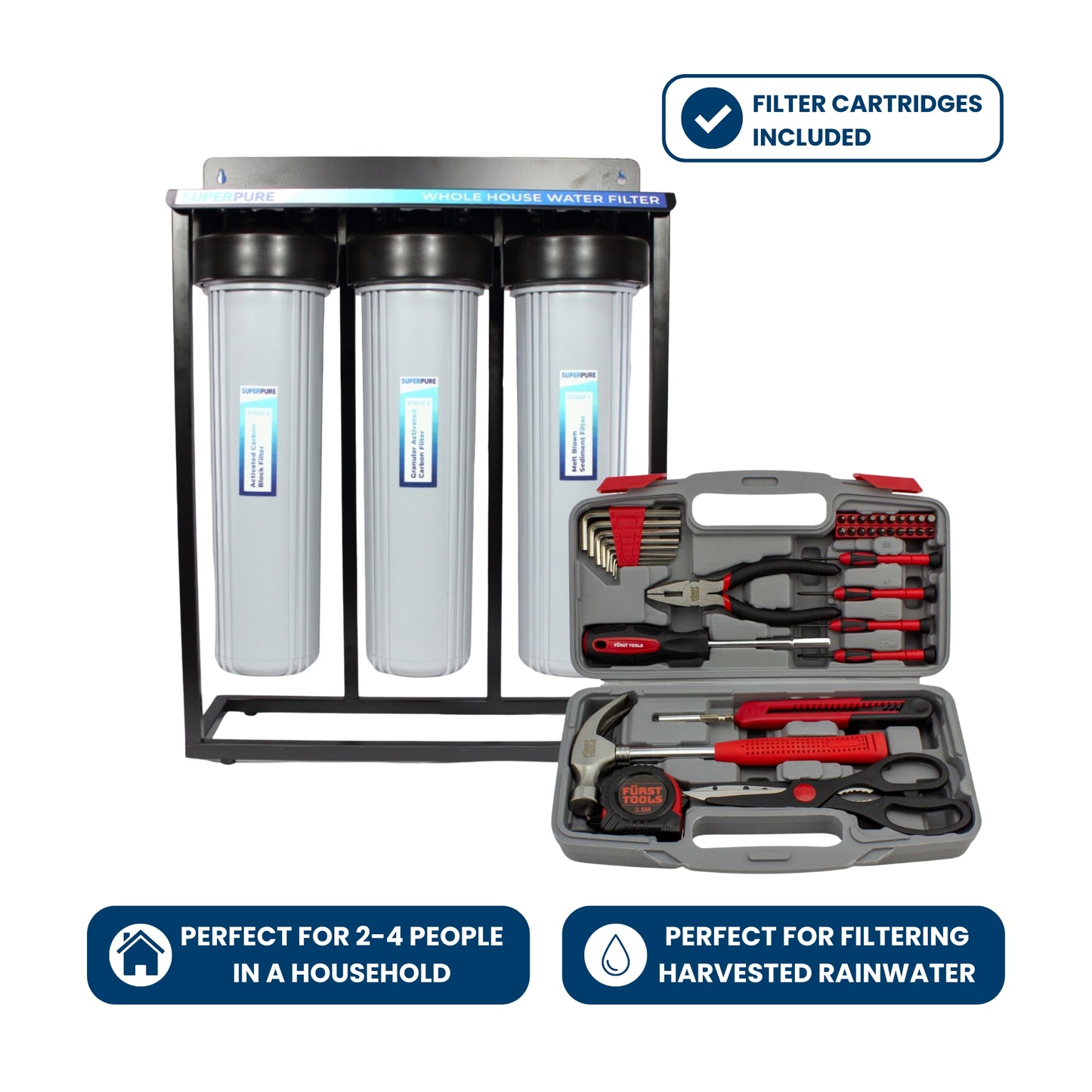 SUPERPURE 3-Stage Big Blue Whole House Water Filter System Grey with Furst 39 Piece Tool Set