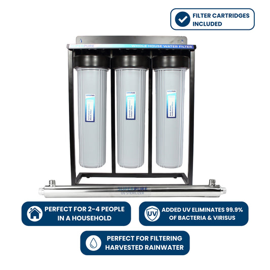 SUPERPURE 3-Stage Big Blue Whole House Water Filter System Grey with 4 Pin UV Steriliser 55W 45L/Min with 1 inch Ports